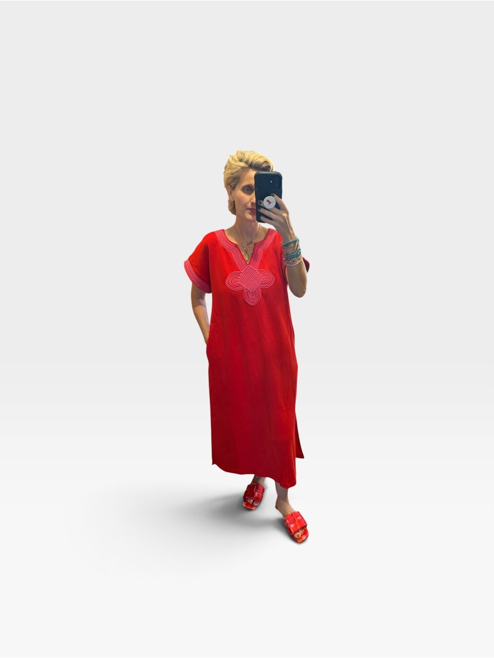 NWT JODIFL Red w/Hot Pink Embroidered V-Neck Midi Dress, S-L